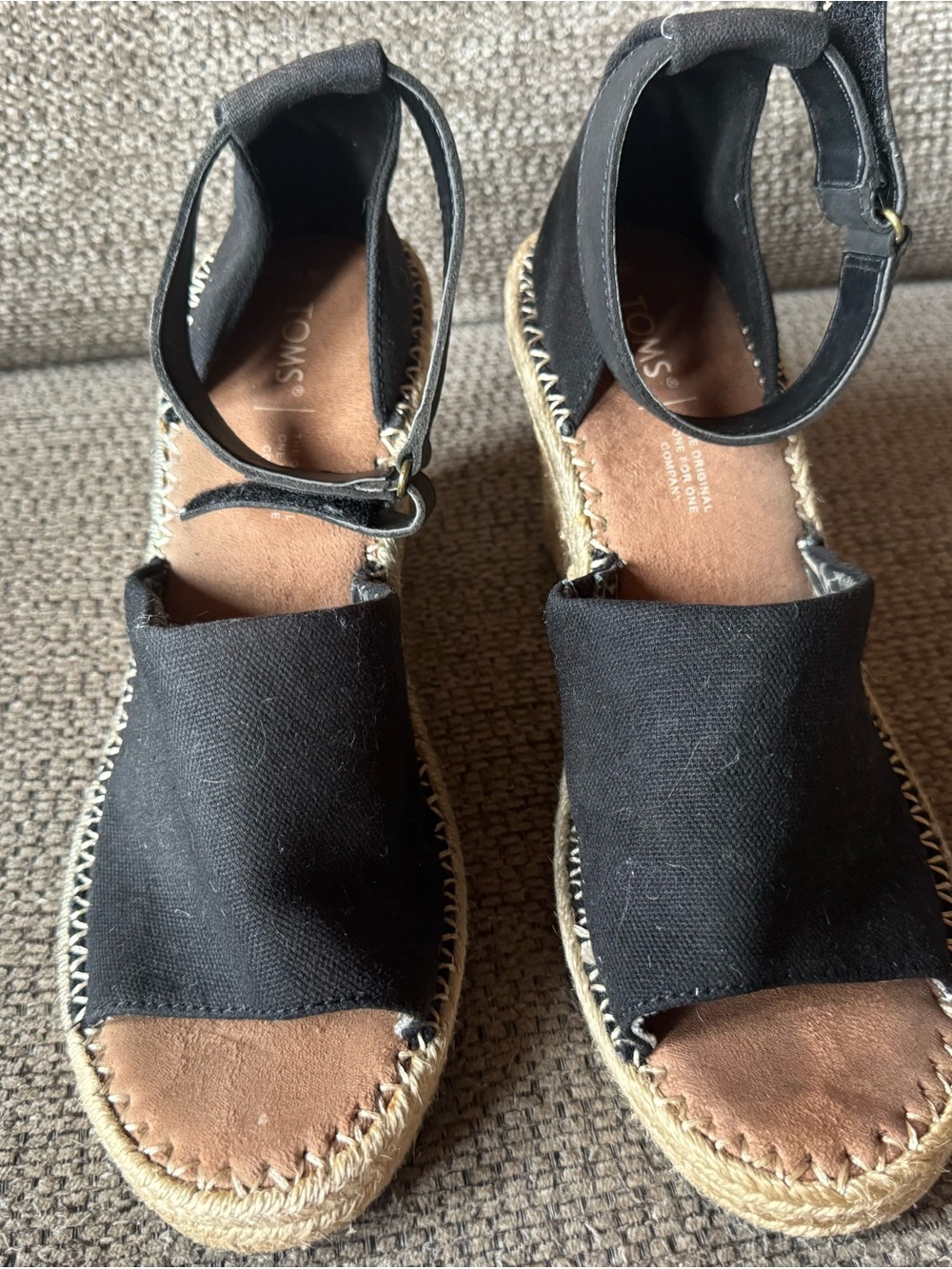 TOMS Black Canvas Espadrille Wedge Sandals with Ankle Strap